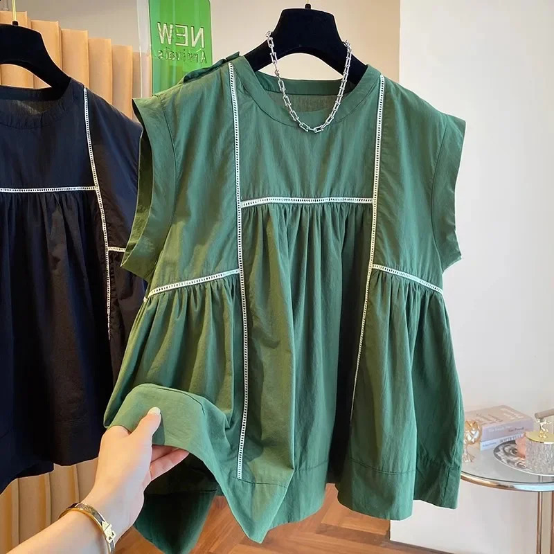 Loose casual sleeveless green shirt womens summer top doll wide collar mudguard line splicing plus size fashionable 250430Z
