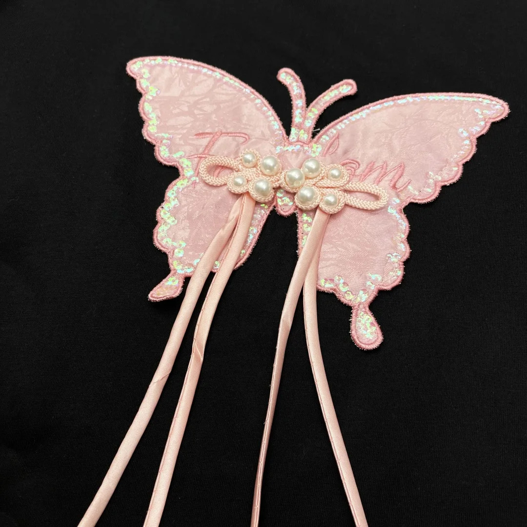Bamboo butterfly sticker letter embroidery Tshirt for women plus size Chinese sequin bead knot 2024 summer Y2k 250430Z