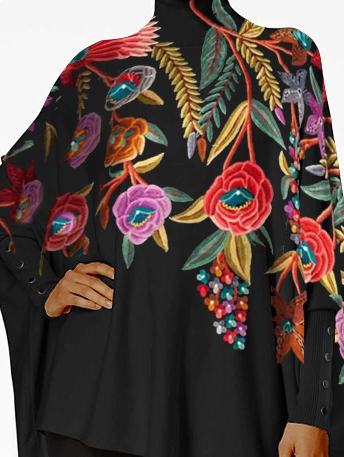 Turtleneck womens plus size Tshirt top casual floral print retro smoked spring irregular hem loose 250430Z