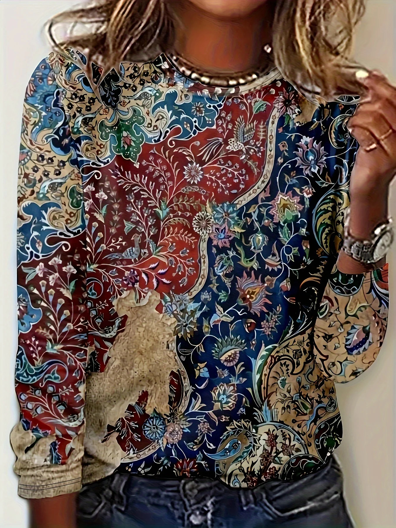 Plus Size Elegant Tops for Women 39 s Vine Print Long Sleeve Round Neck Slightly Elastic 250430Z