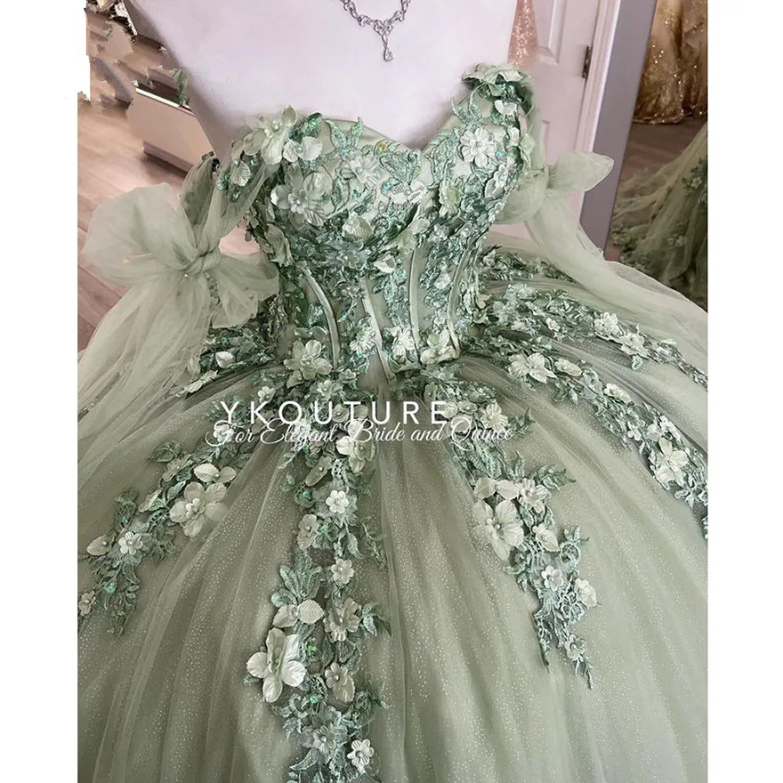 Mint Green Princess Quinceanera Dresses 2025 floral Appliques lace-up corset off shoulder Vestidos De 15 Anos Prom gown