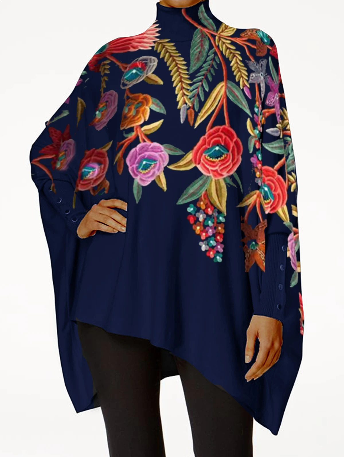 Turtleneck womens plus size Tshirt top casual floral print retro smoked spring irregular hem loose 250430Z