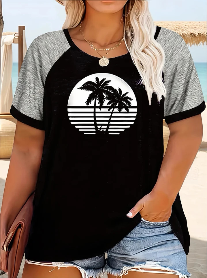 Womens casual leopard print color block round neck Tshirt fashionable short sleeved top 250430Z