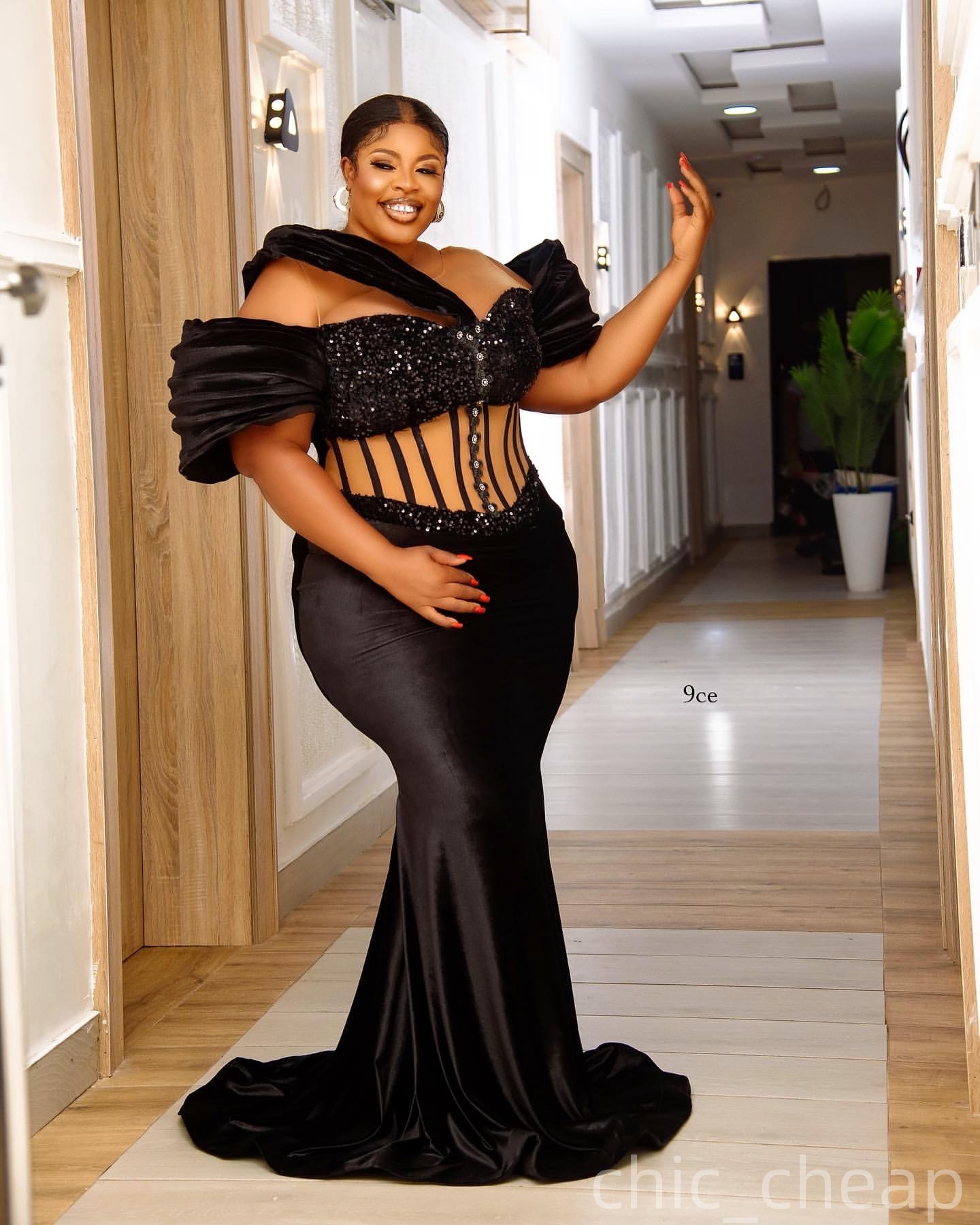Mermaid Black Plus Size Prom Dresses 2025 Sequined Crystals Velvet Evening Formal Party Second Birthday Engagement Gowns Dress For Special Occasions