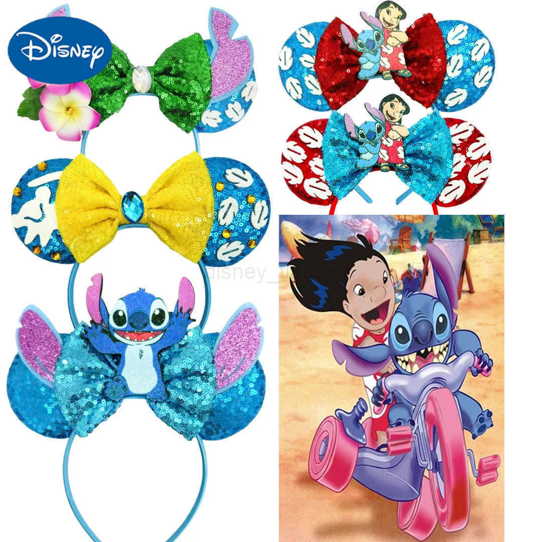 Disney 2024 Mickey Mouse Ear Headband Womens Party Hair Accessories Cartoon Lilo Stitch Girls Headband Shining BowXJ250504