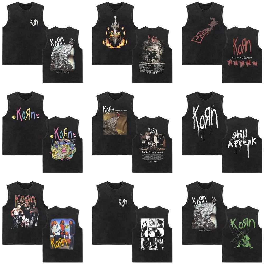 Rock Band Korn Follow The Leader Vintage Washed Tank Tops Men Women Retro Gothic Metal Slveless Vest Man Casual Cotton T-shirt X250504