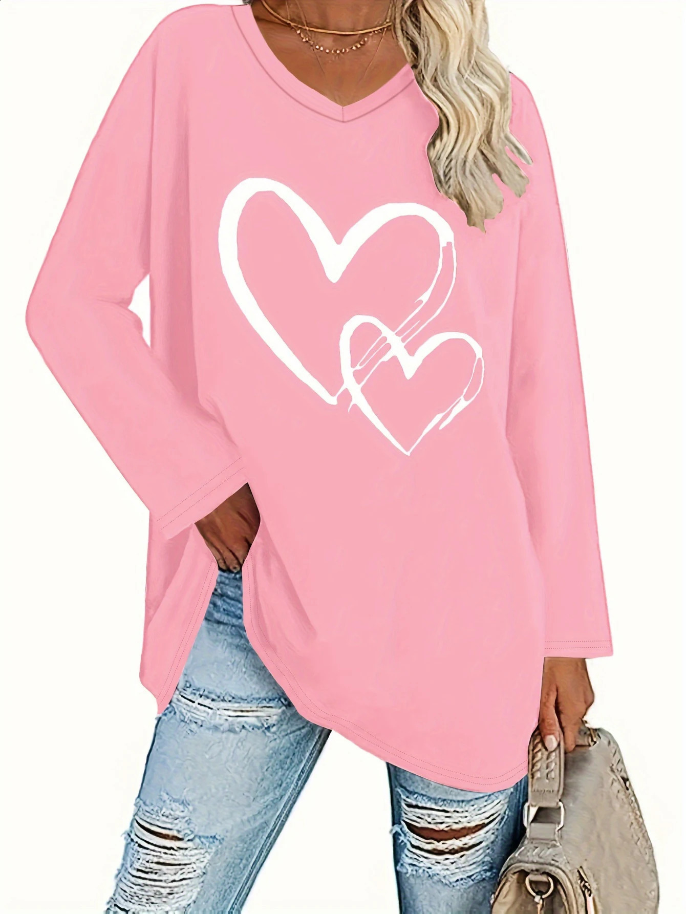 Plus Size Womens Valentines Day Shirt Love Heart Graphic Long Sleeve Tshirt Casual Cute Gift Vneck Top 250430Z