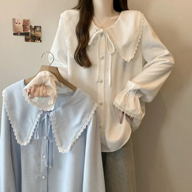 Large size loose long sleeved doll neck womens top spring Korean style weight loss version antiaging clothing 250430Z