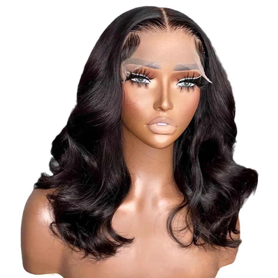 wig Womens black front lace mid split large wavy curly hair natural short curly hair wig headband