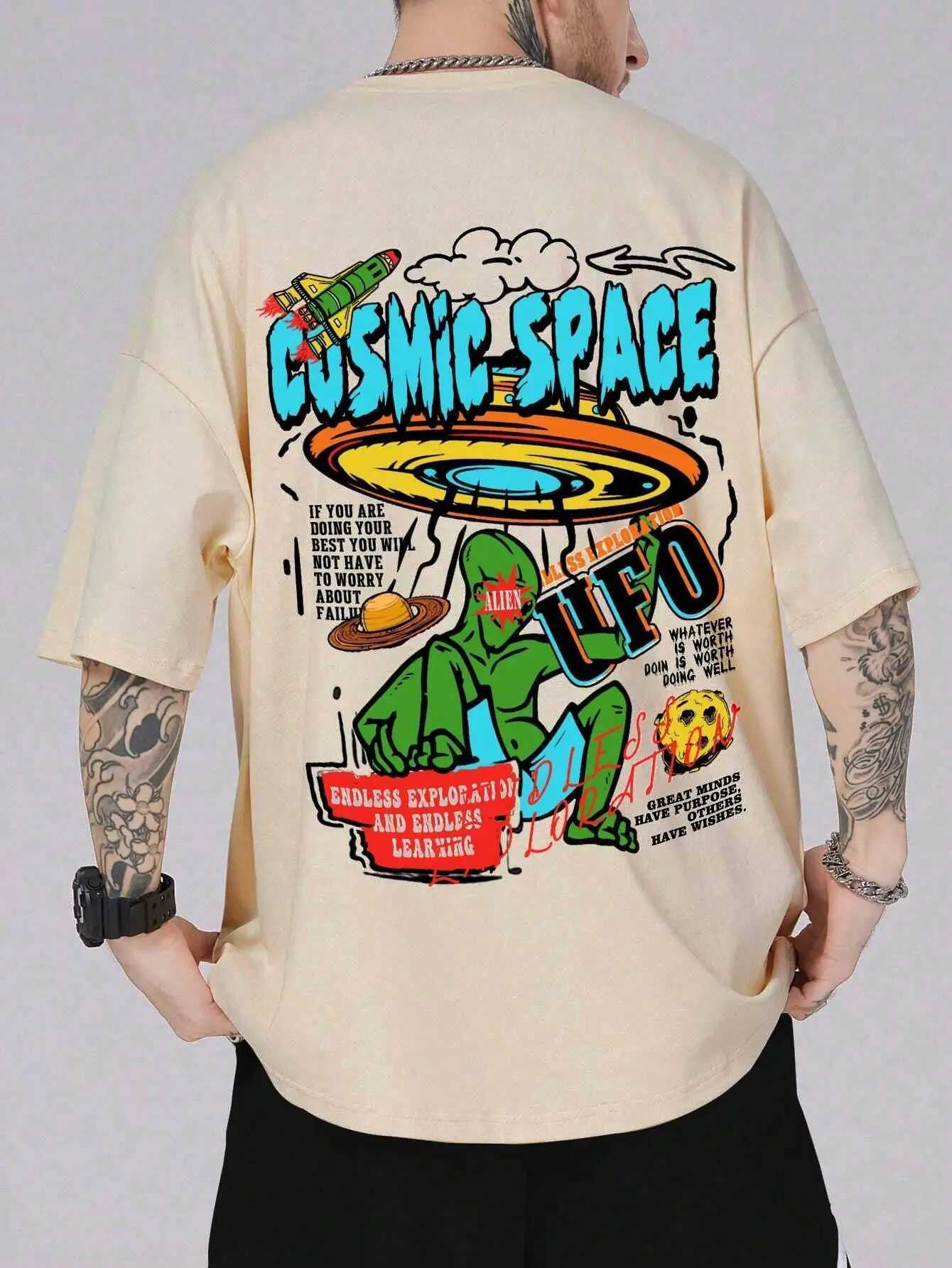 New Arrival Cosmic Space Ufo Alien Fun Graphic Printing Mens Top Fashion Street T-shirt Summer Casual Cotton T-shirt Extra Large Loose T-shirt Z250504