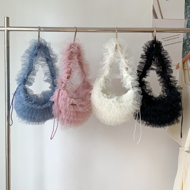 Womens Mesh Ruffled Edges Pleated Crossbody Bag with Unique Dumpling Shape