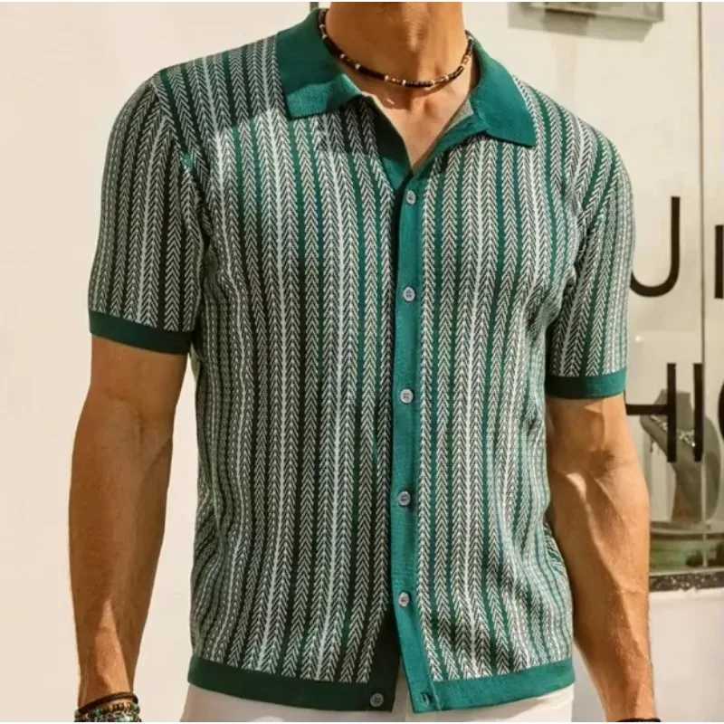 Summer new striped T-shirt polo shirt high-quality ice silk fabric breathable Wiry size casual beach style mens shirt 3XL W250504