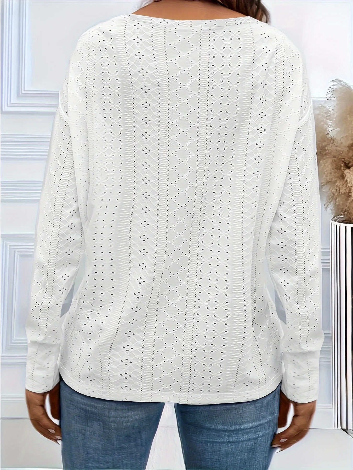 Plus Size Solid Eyelet Cutout Tshirt casual long sleeved Vneck top suitable for spring and summer womens size clothing 250430Z