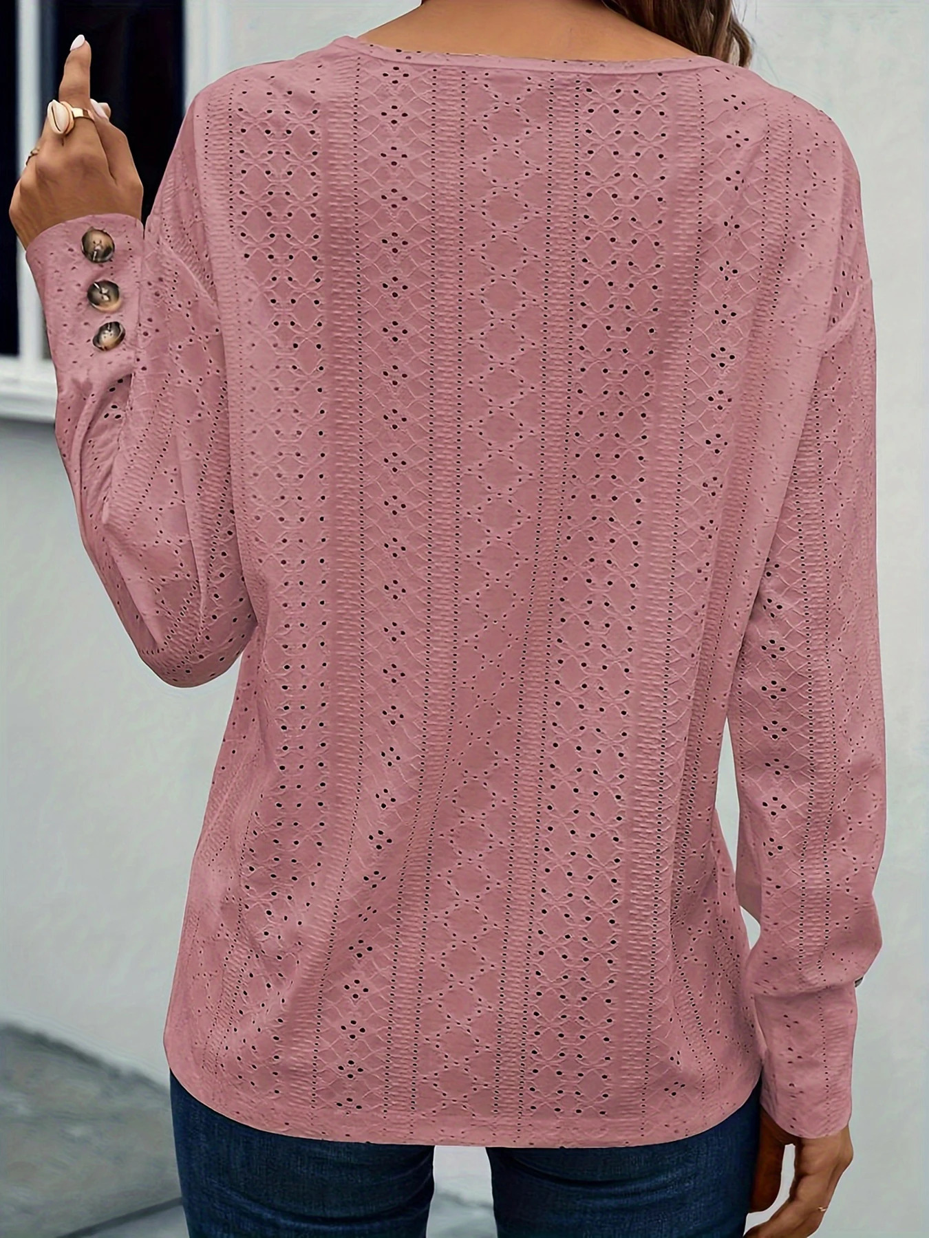 Plus size eyeliner hollow solid Tshirt casual Vneck long sleeve womens large clothes 250430Z