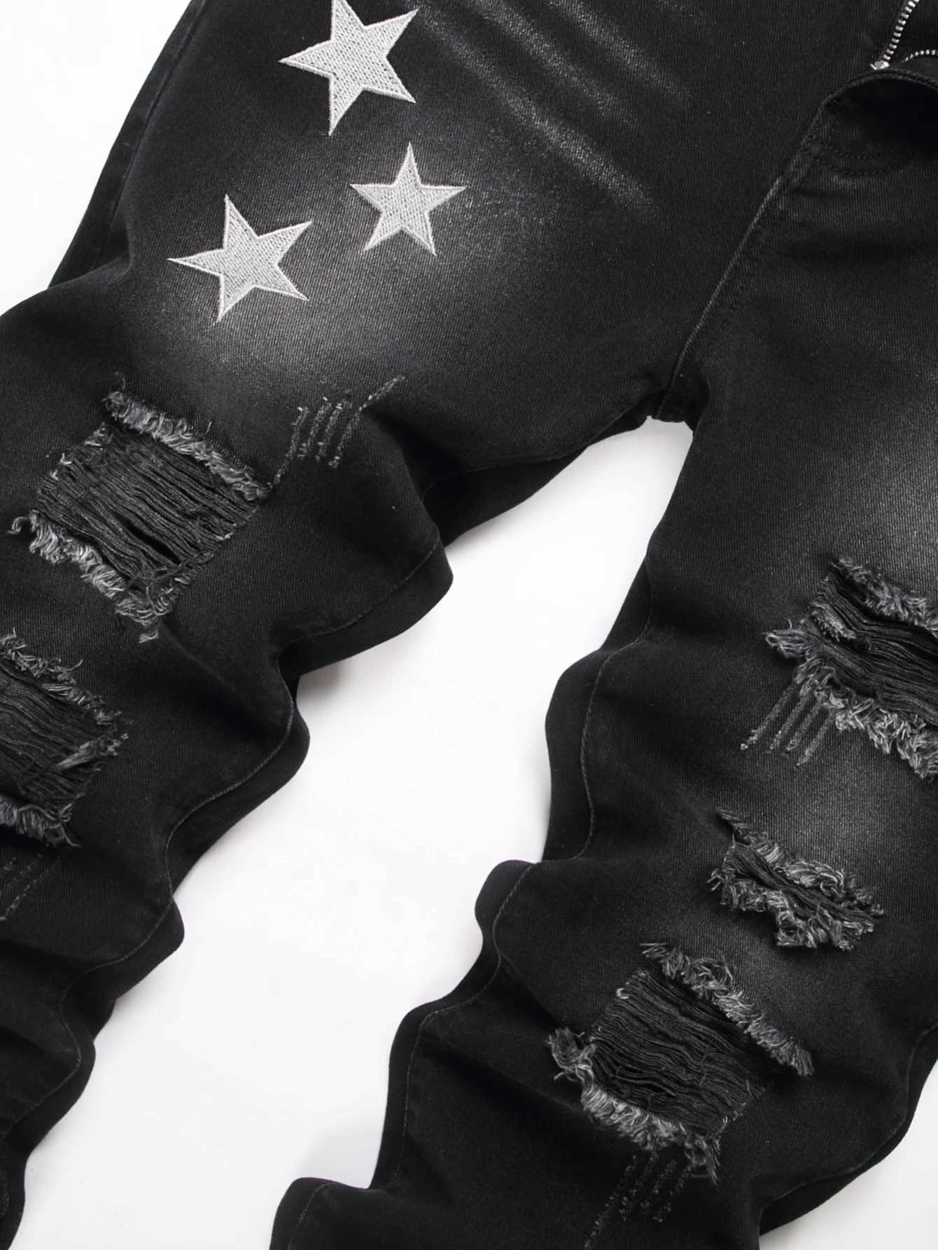 Black Y2K Jeans Mid Rise Straight Leg Man Pants with Silver Star Design Distressed Ripped Denim Clothing Hip Hop Male Streetwear X250812