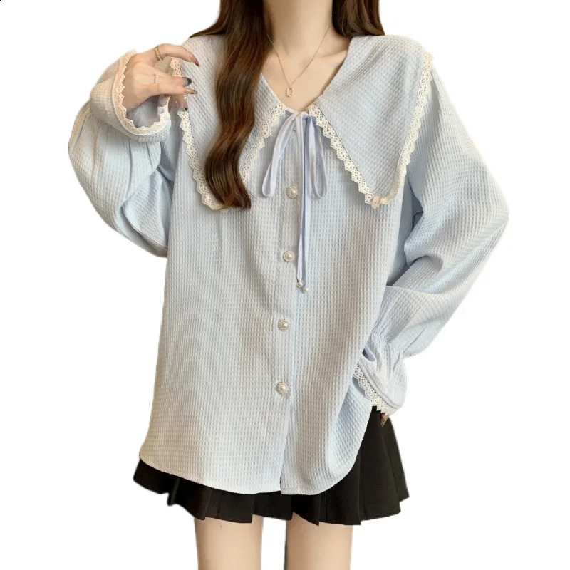 Large size loose long sleeved doll neck womens top spring Korean style weight loss version antiaging clothing 250430Z