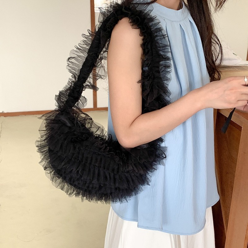 Womens Mesh Ruffled Edges Pleated Crossbody Bag with Unique Dumpling Shape