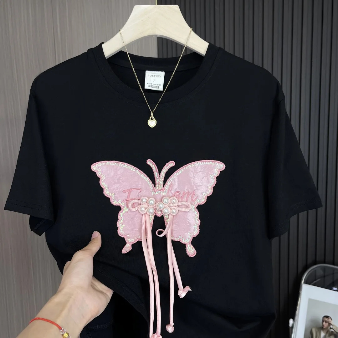 Bamboo butterfly sticker letter embroidery Tshirt for women plus size Chinese sequin bead knot 2024 summer Y2k 250430Z