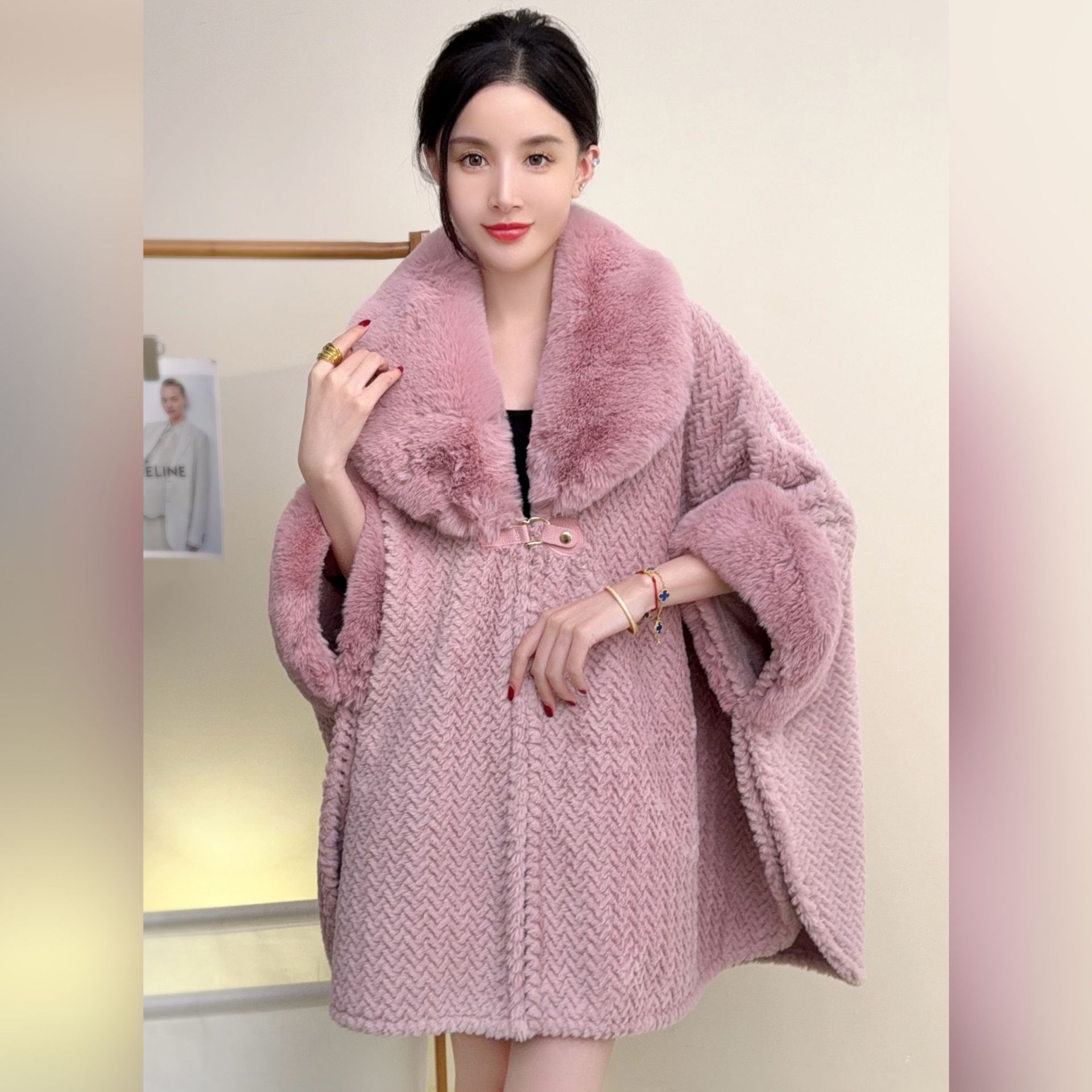K611 High-end solid color large fur collar shawl coat plush thick warm medium and long large size loose cape cardigan
