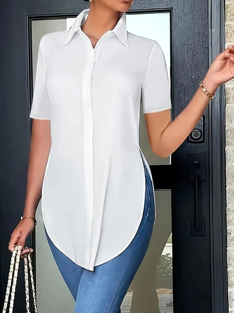 Plus size womens office white shirt button up collar side split basic elegant 250430Z