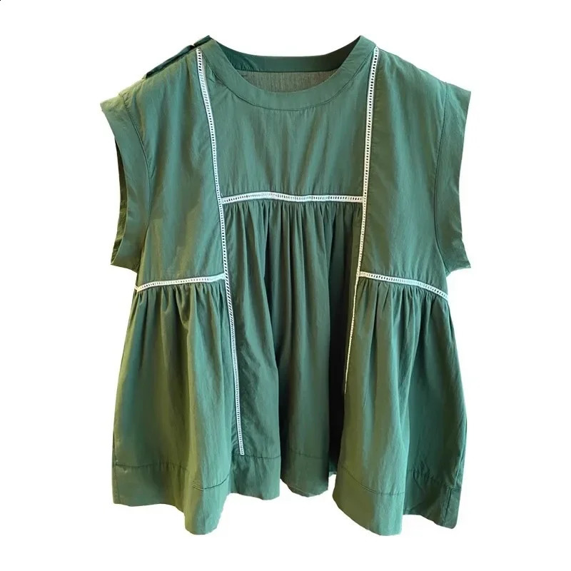 Loose casual sleeveless green shirt womens summer top doll wide collar mudguard line splicing plus size fashionable 250430Z