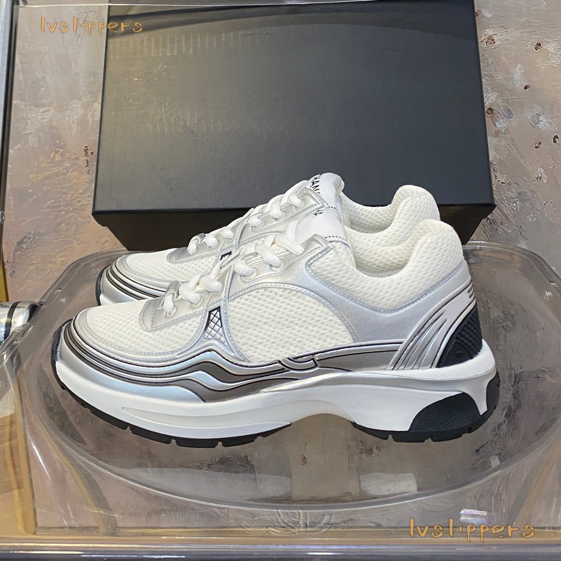 Designer sports shoe run double sneaker platform shoe trainer dress leather Luxury shoe dad silver sport casual shoe Women canvas reflective fabric suede shoes