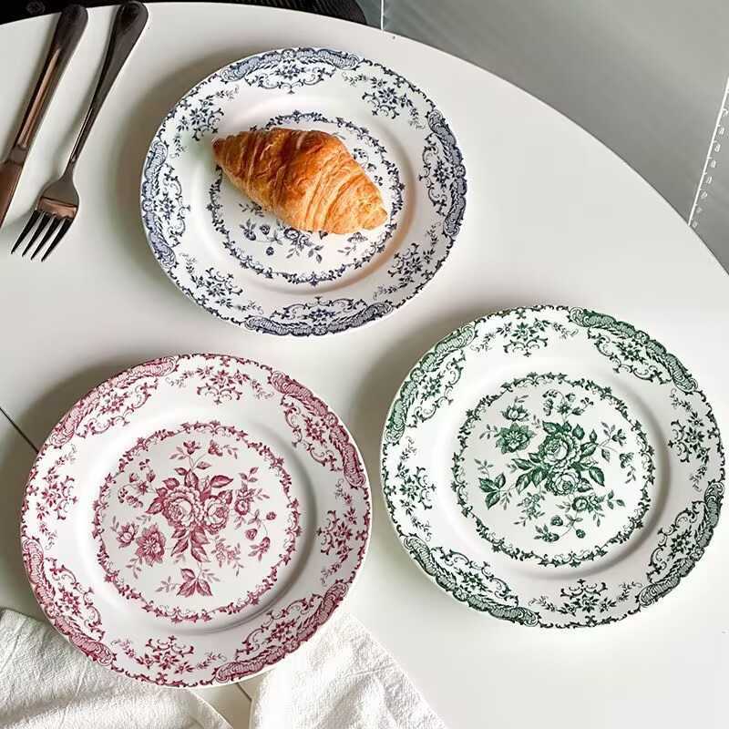 French-style rose ceramic dinner plates for home use, serving plates with classical printed patterns and enamel glaze, pasta salad dishesC241209