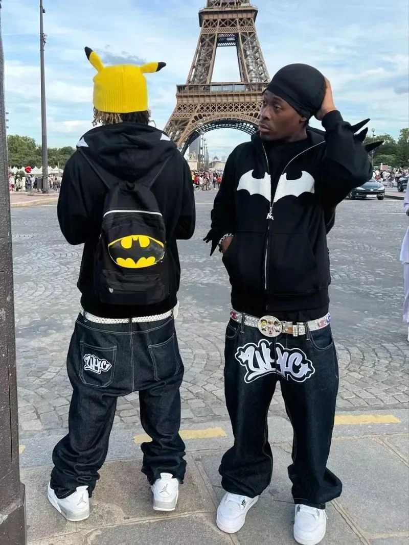 Y2K Zipper Hoodie Gothic Embroidered Bat Anime Hoodie Hip Hop Mens Oversized Sweater Harajuku Rock Fashion Street Top X2505041