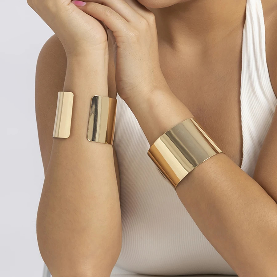 Lacteo Gold Smooth Wide Cuff Bracelet Simple Open Large Bracelet Female Charm Jewelry Fashion Punk Gift 250427