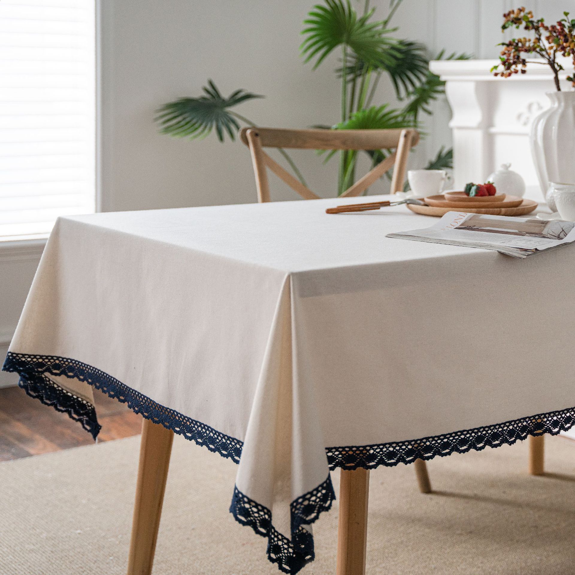 T0448 blue rose print pastoral cotton and linen tablecloth tablecloth wholesale home cover lace