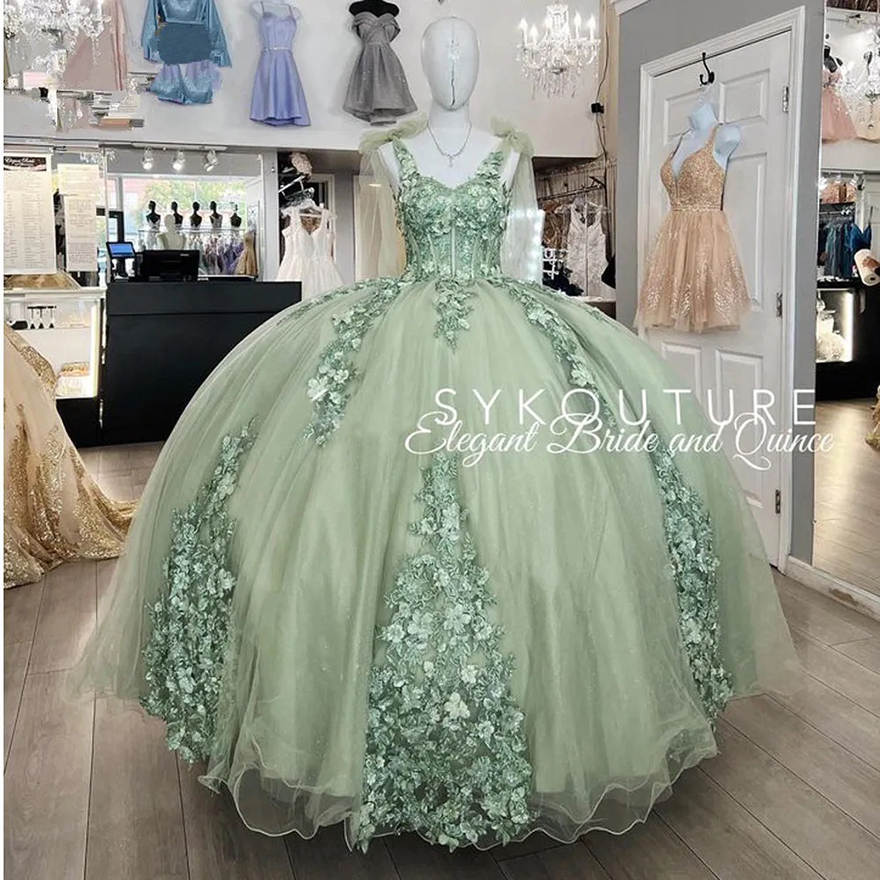 Mint Green Princess Quinceanera Dresses 2025 floral Appliques lace-up corset off shoulder Vestidos De 15 Anos Prom gown