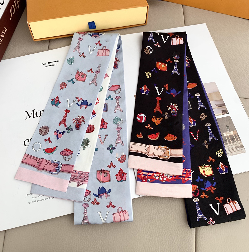 2025 New High end Cute Cherry Blossom Pink Cartoon Little Bear Color Ribbon Scarf 100% Silk Hairband Long Scarf Hairband Small Scarf ScarfS