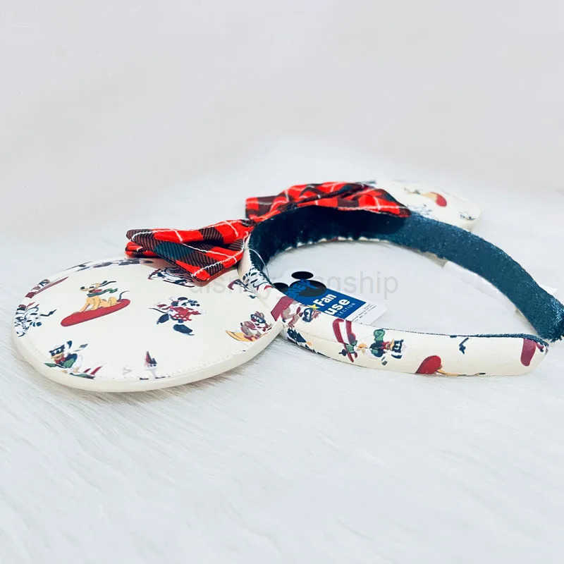 Disney Winter Christmas Headband Cartoon Mickey Pluto PU Leather Ears Adult Bow Headband Minnie Park Accessories HeadbandXJ250504