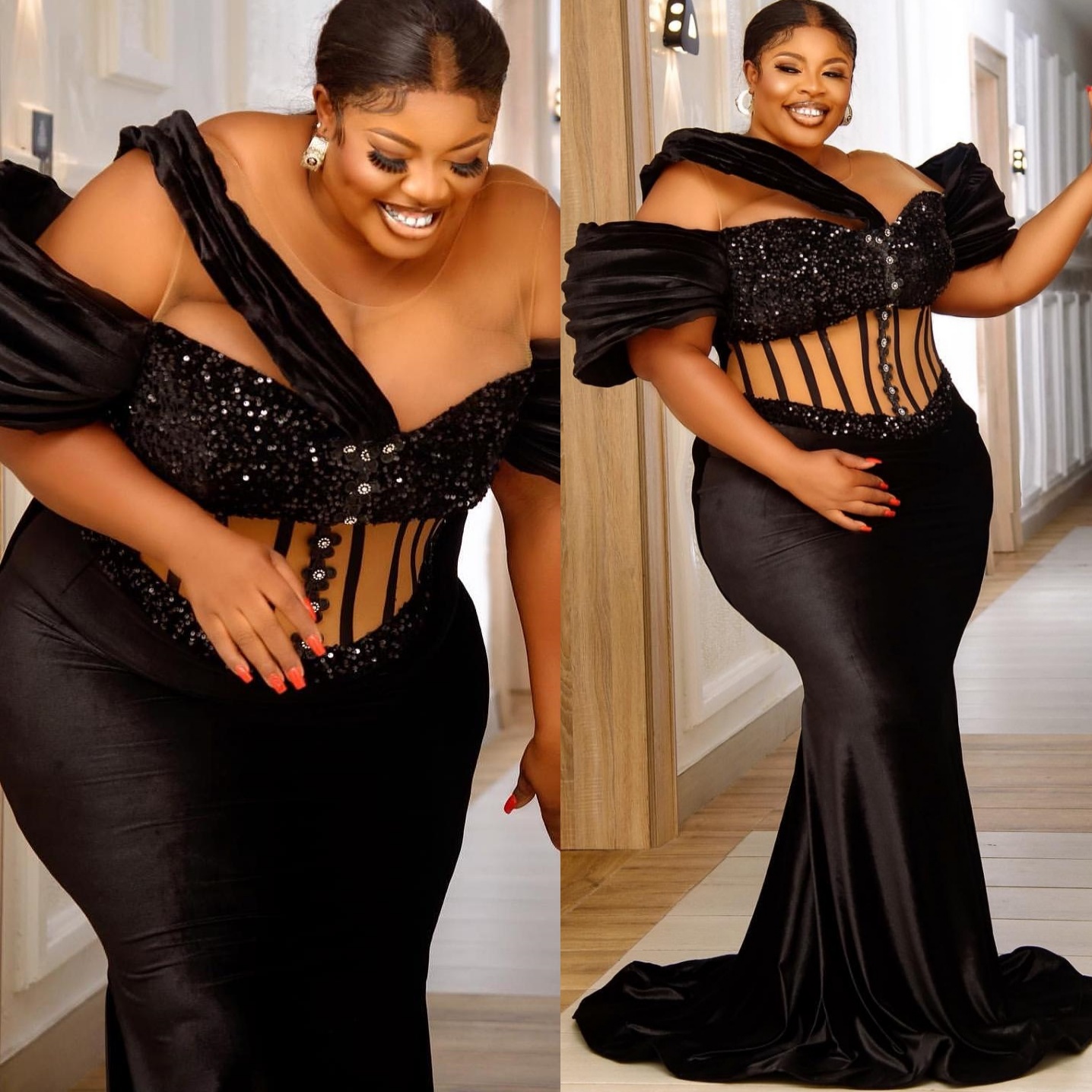 Mermaid Black Plus Size Prom Dresses 2025 Sequined Crystals Velvet Evening Formal Party Second Birthday Engagement Gowns Dress For Special Occasions