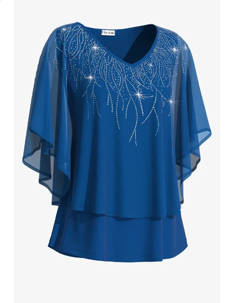 Womens plus size short sleeved Tshirt chiffon Vneck doublelayer loose casual elegant summer top 2024 250430Z