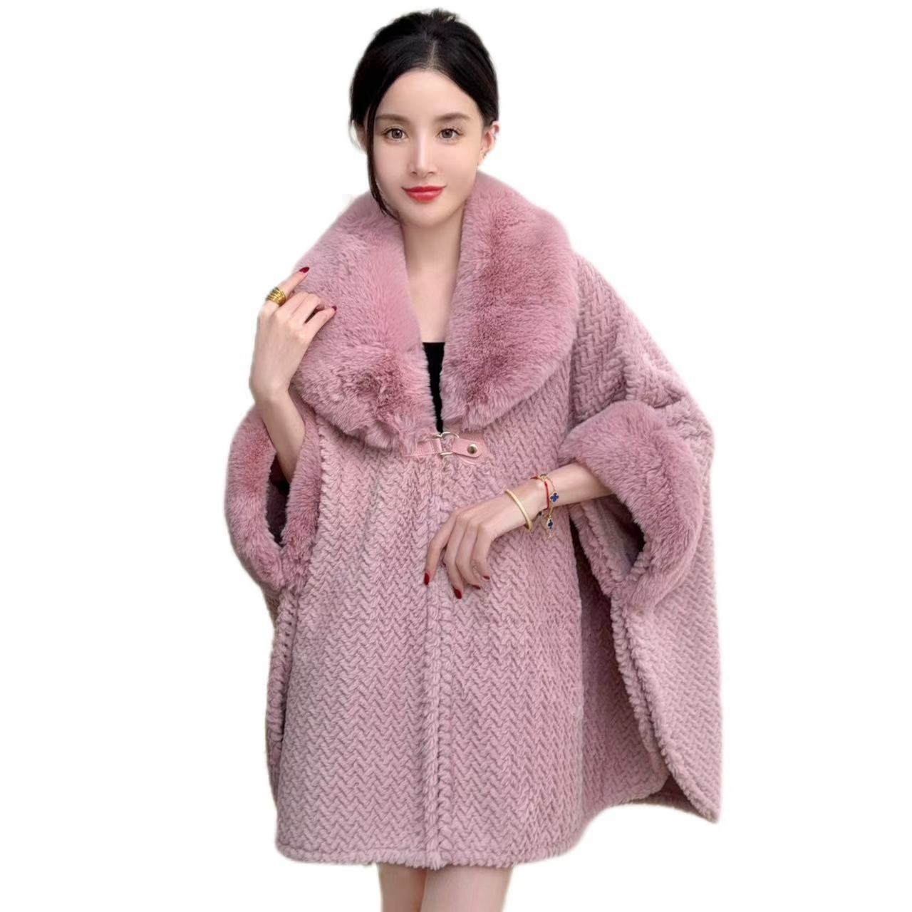 K611 High-end solid color large fur collar shawl coat plush thick warm medium and long large size loose cape cardigan