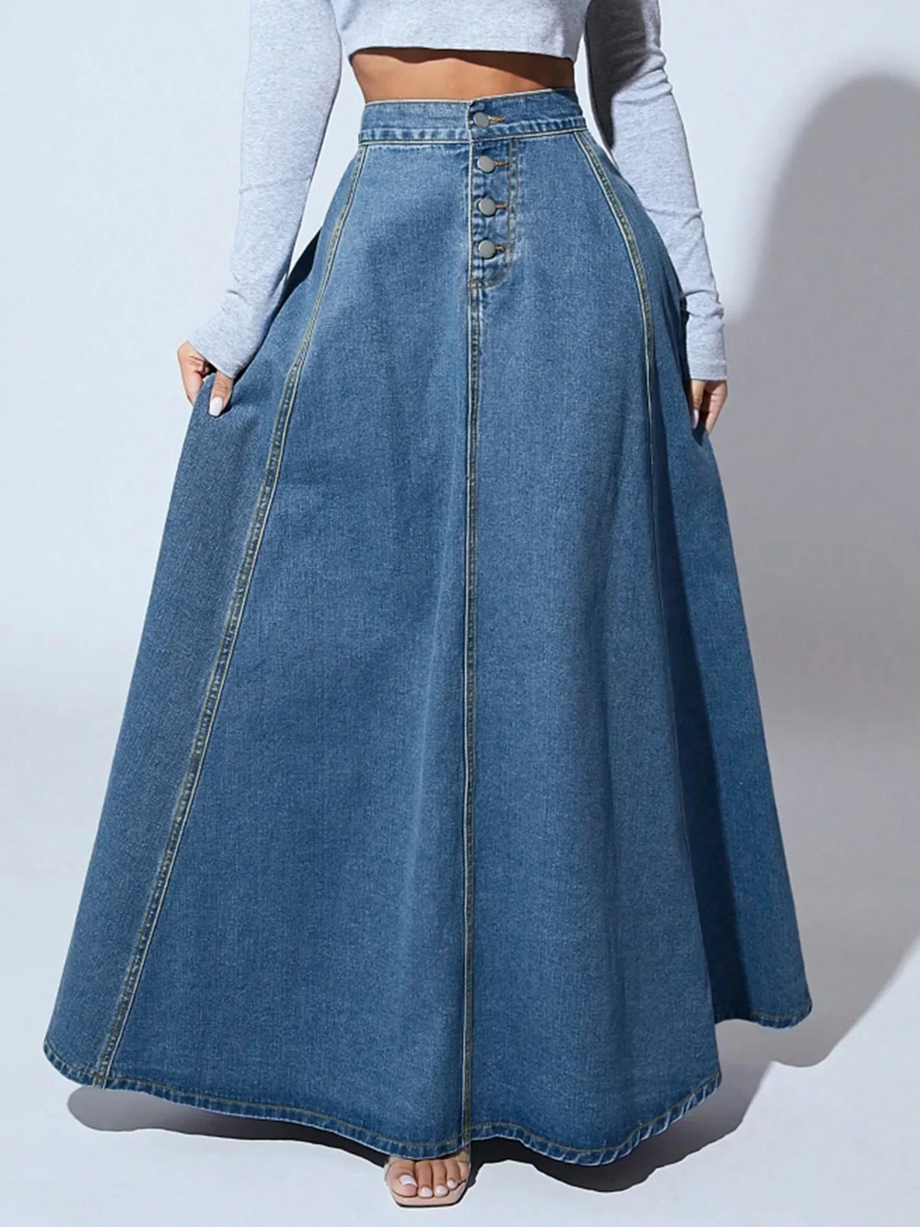 Denim dress womens long A-line single chest high waist jeans retro Maxi simple casual elegant splicing Y2k streetwear 250430
