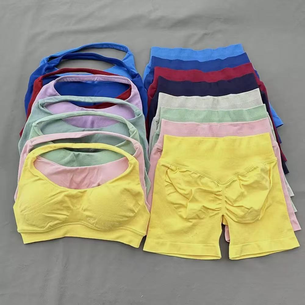 Impact Gym Women 2 Piece Strappy Bra High Waist Workout Scrunch Shorts Sports Suit Fiess Clothes Seamless Yoga Set Backless Tops Outfit