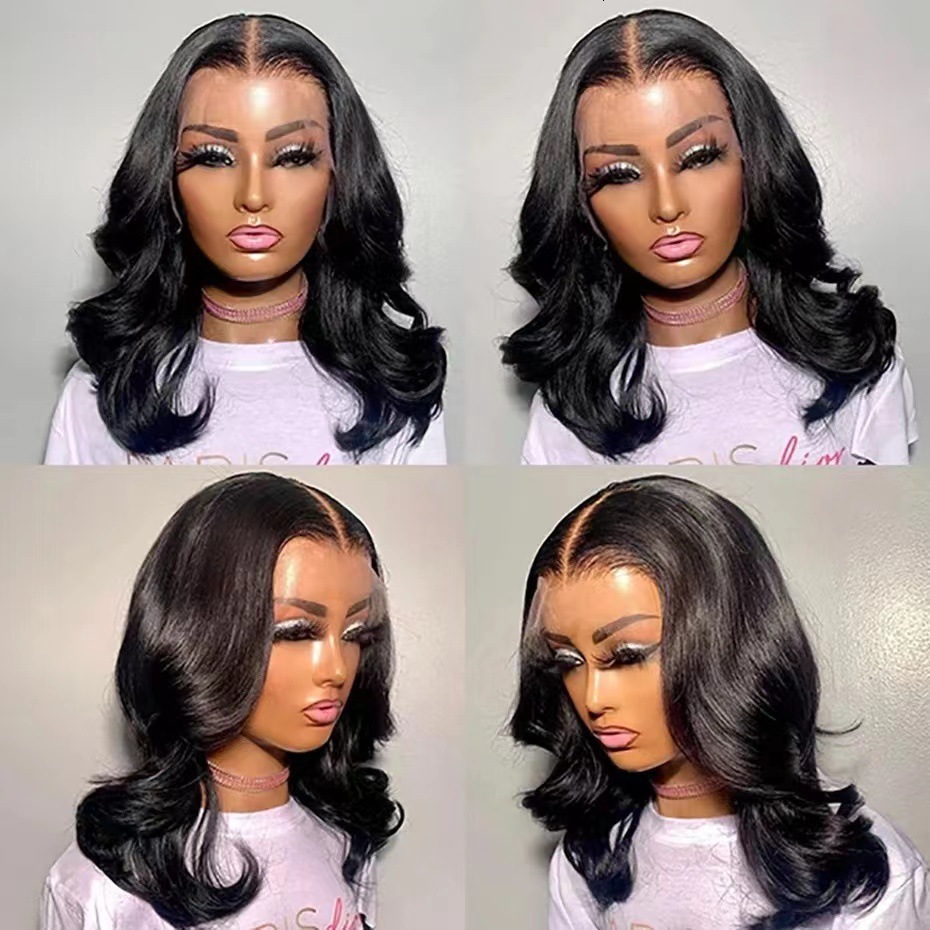 wig Womens black front lace mid split large wavy curly hair natural short curly hair wig headband