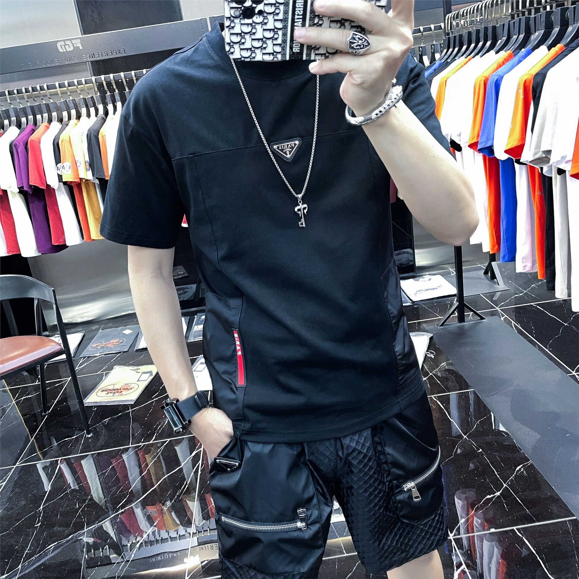 New Luxury Men's T-shirt European High-end Designer Patchwork Casual Short Sleeved Top T-shirt Summer Men's Fashion Letter Zipper Shorts Two