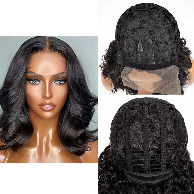 wig Womens black front lace mid split large wavy curly hair natural short curly hair wig headband