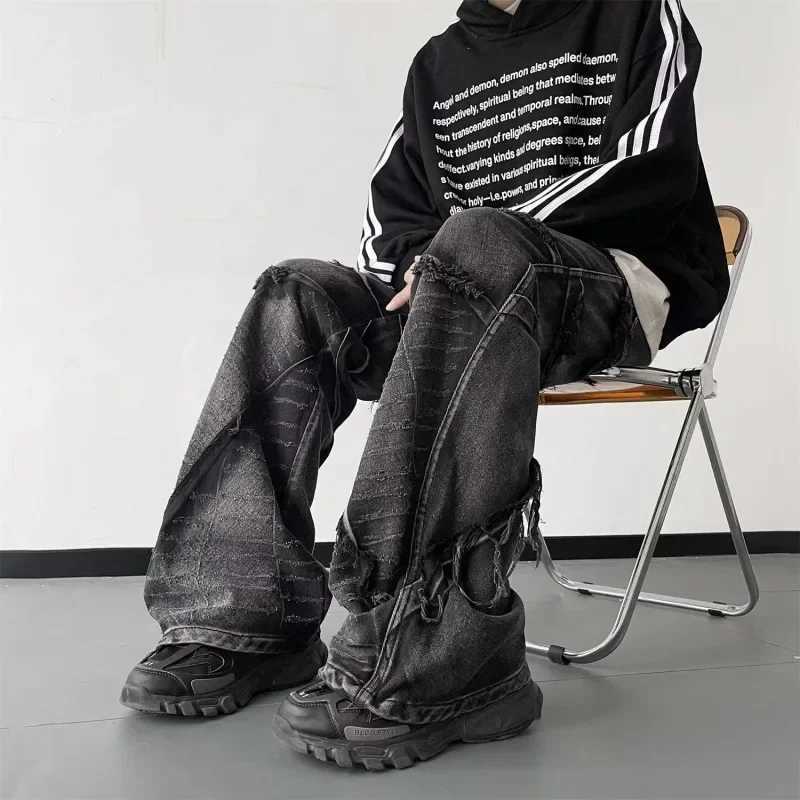 American High Street Style Jeans with a Sense of Luxury. New Style Mens Fashionable All-match Loose Flared Wide-leg Pants. X250812