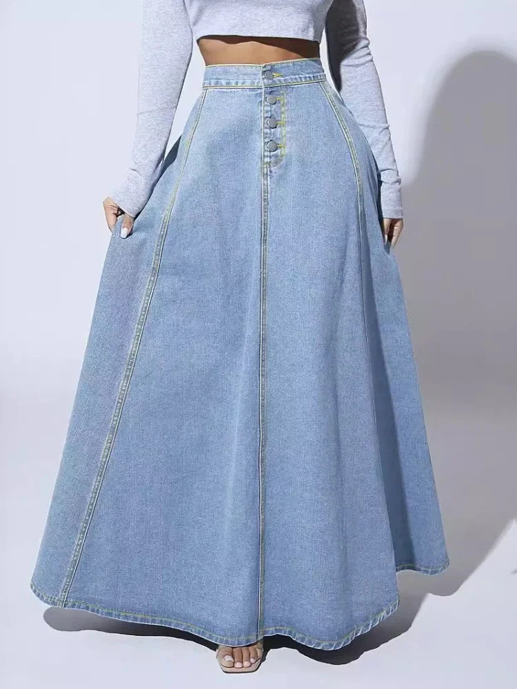 Denim dress womens long A-line single chest high waist jeans retro Maxi simple casual elegant splicing Y2k streetwear 250430