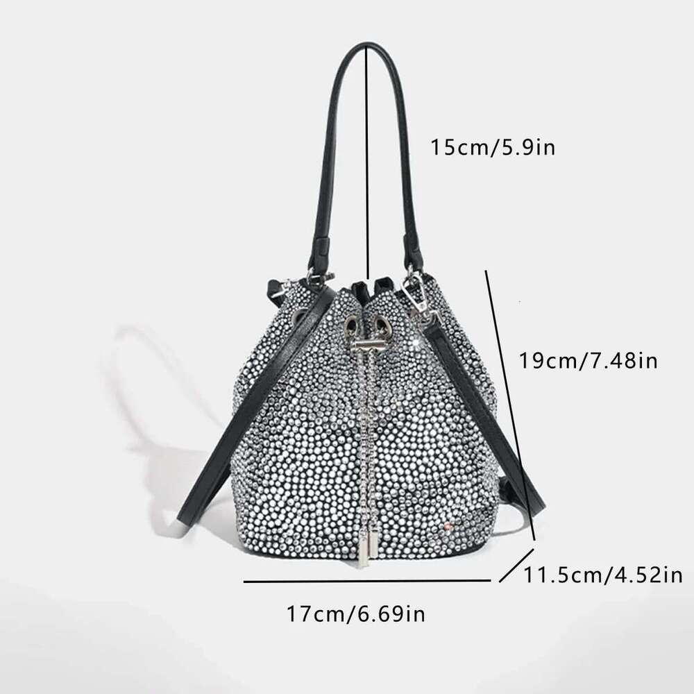 Commuter Tote Dia Strap Drawstring Bucket Rhinestone Mini Messenger Shoulder Bag