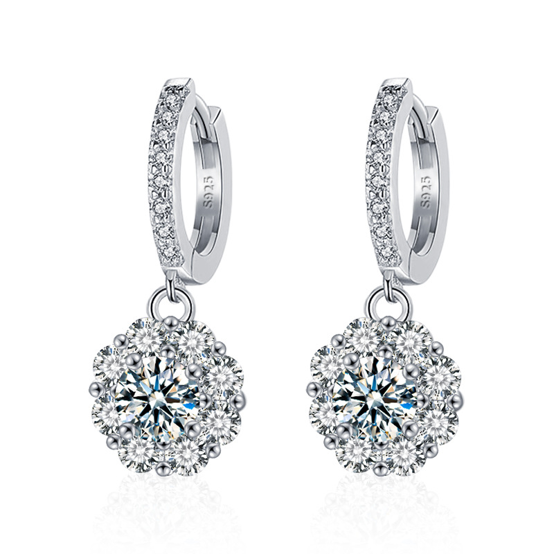925 Sterling Silver Sunflower Moissanite Earrings - Classic 4-Prong Setting, Dazzling 3EX Cut, Rhodium Plated, Hypoallergenic, Gift for Her