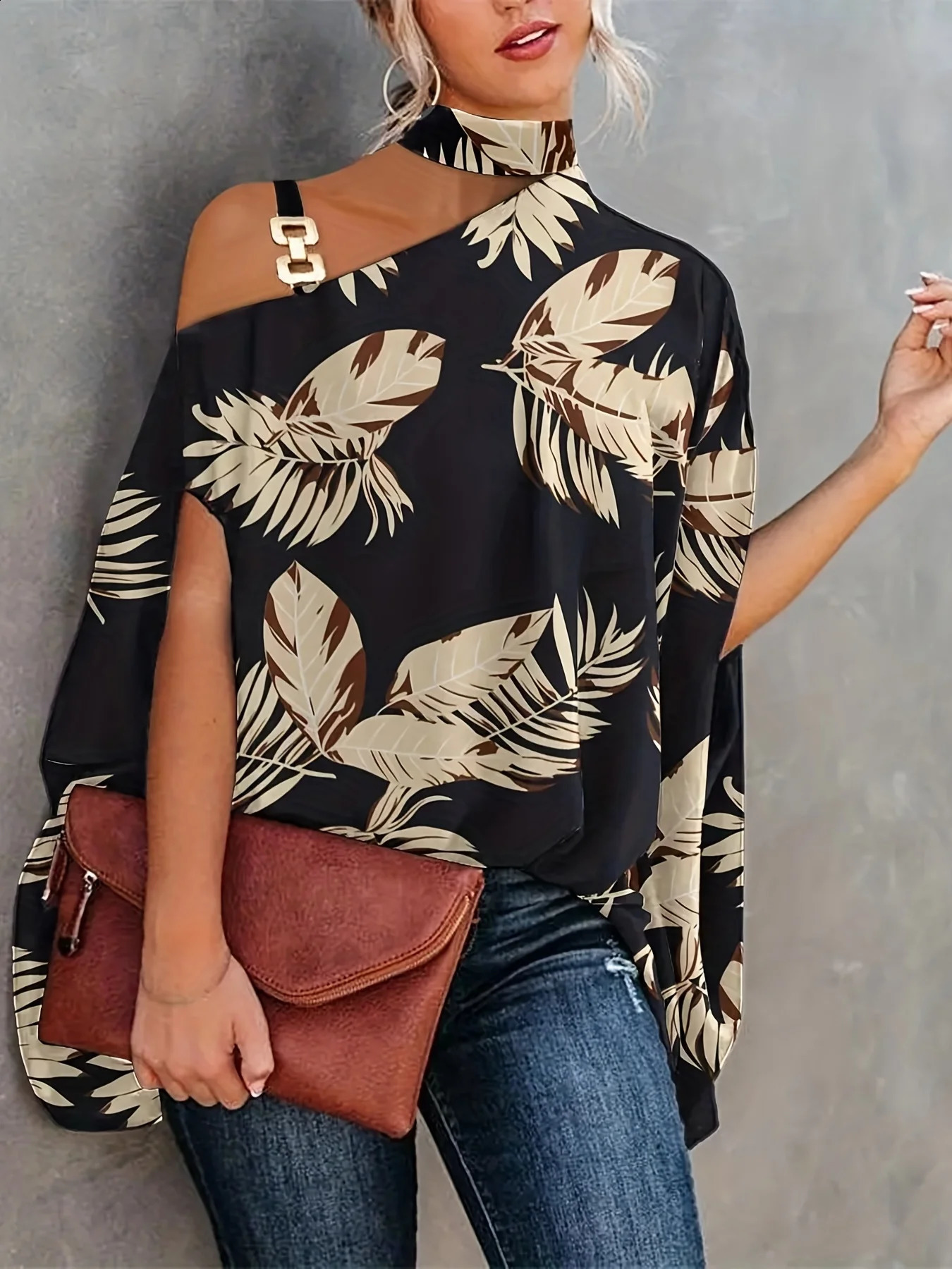 Large size sexy camisole loose shirt top for women elegant printed shoulder batwing sleeve zipper 2023 summer fashion Str 250430Z