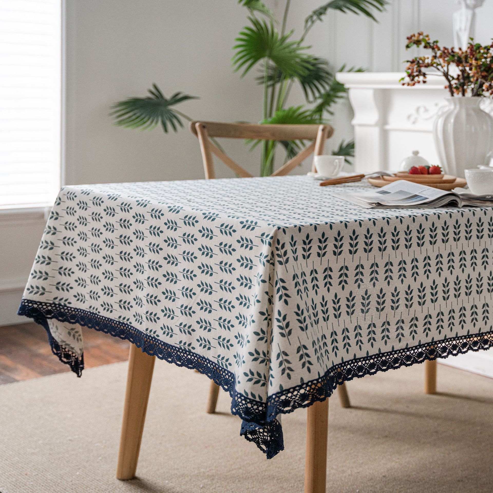 T0449 blue rose print pastoral cotton and linen tablecloth tablecloth wholesale home cover lace