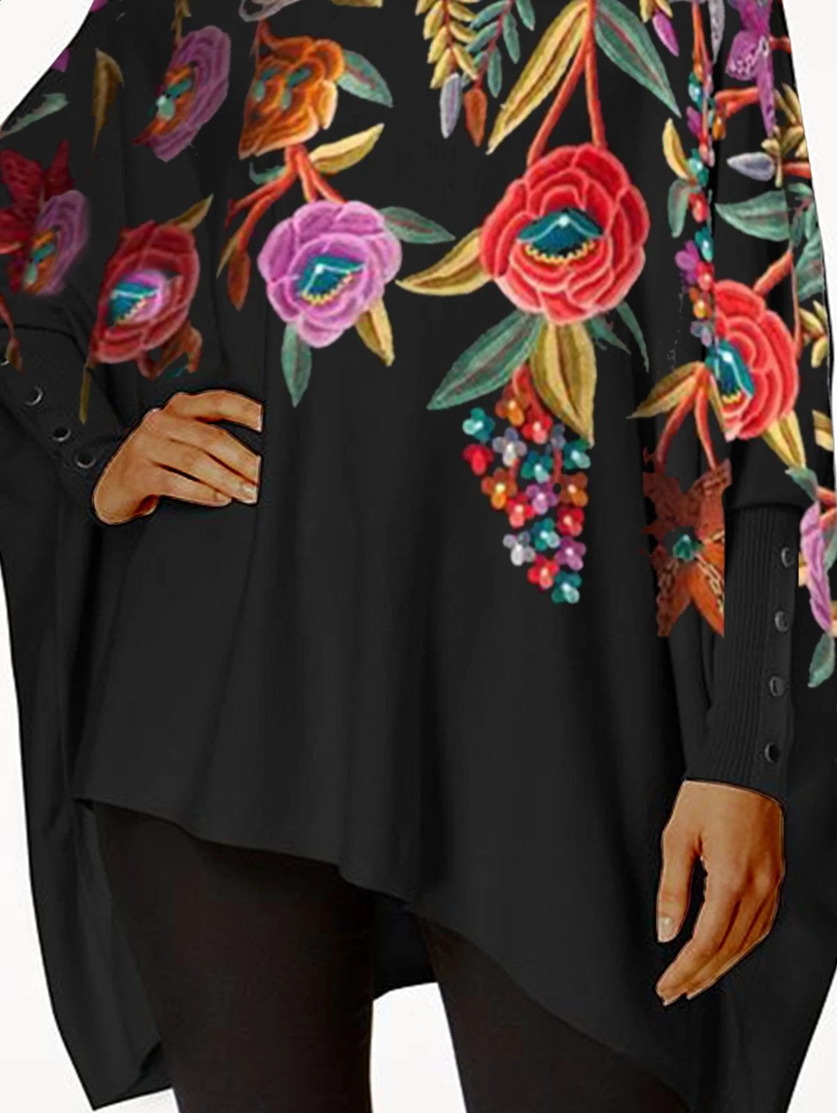 Turtleneck womens plus size Tshirt top casual floral print retro smoked spring irregular hem loose 250430Z