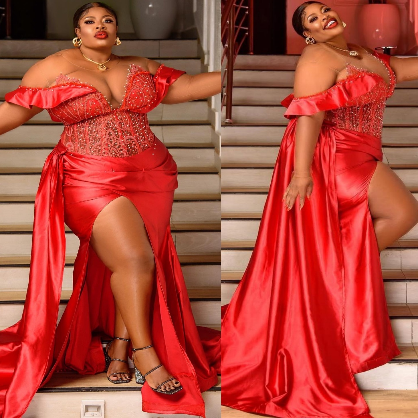 Red Mermaid Plus Size Prom Dresses 2025 Lace Beaded Satin High Split Evening Formal Party Second Birthday Engagement Gowns Dress For Special Occasions