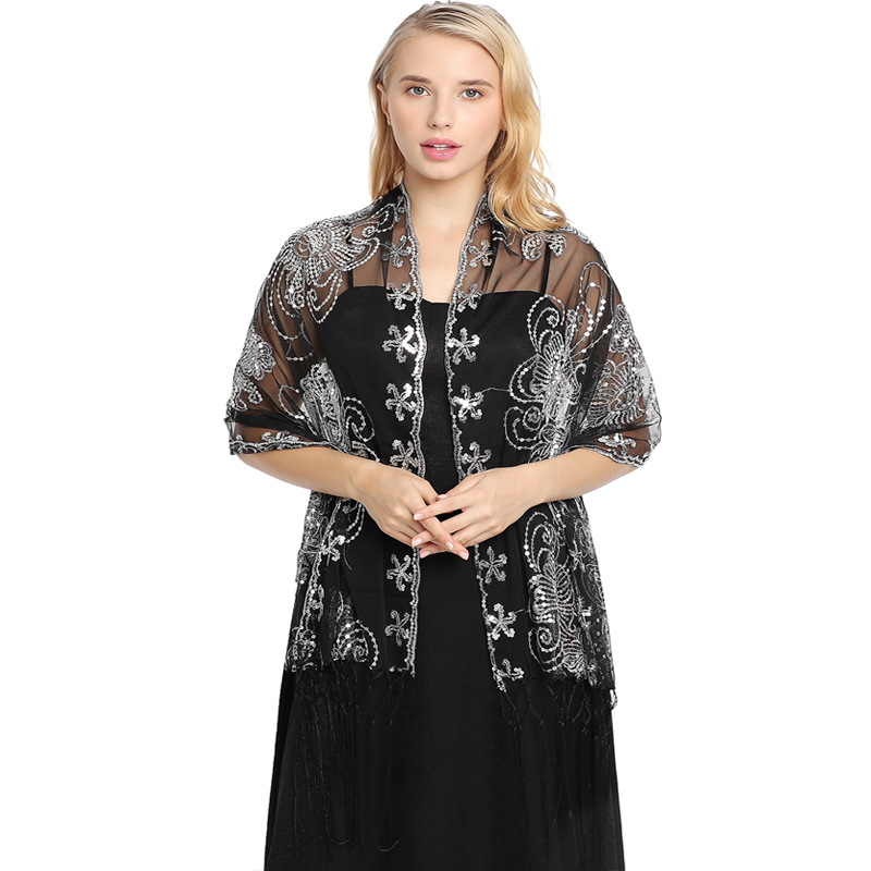 K615 Cross-border hot-selling sequined embroidered tassel shawl, evening dress party dinner shawl for women, bridal cheongsam shawl